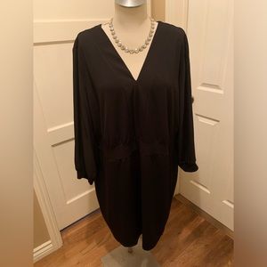 Ashley Stewart black midi v neck dress w/long sleeves & banded waist size 34/36